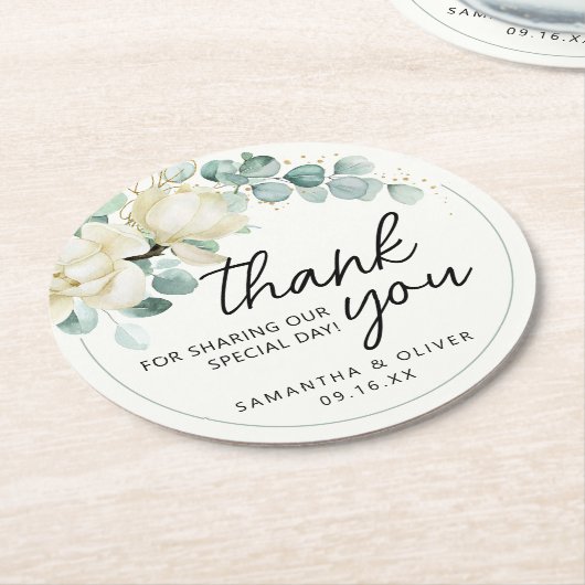 Gepersonaliseerde bruiloft gunst Magnolia Eucalypt Ronde Kartonnen Onderzetter (Gebogen)
