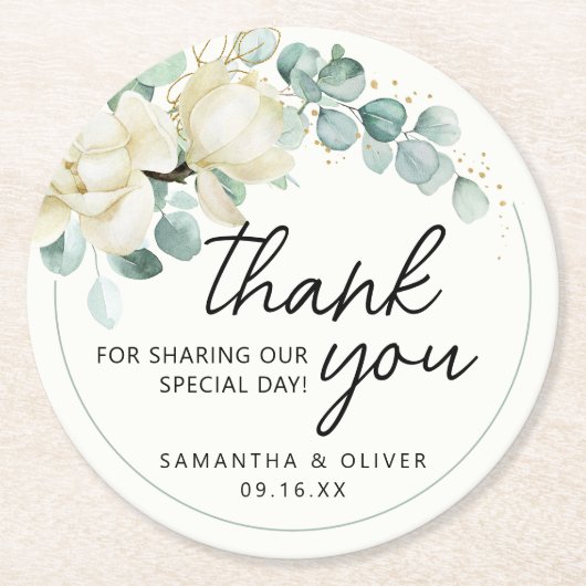 Gepersonaliseerde bruiloft gunst Magnolia Eucalypt Ronde Kartonnen Onderzetter (Voorkant)