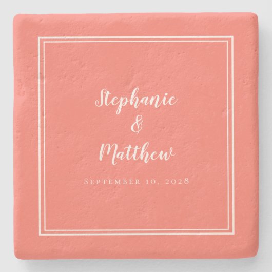 Gepersonaliseerde bruiloft koraal wit minimalistis stenen onderzetter (Voorkant)