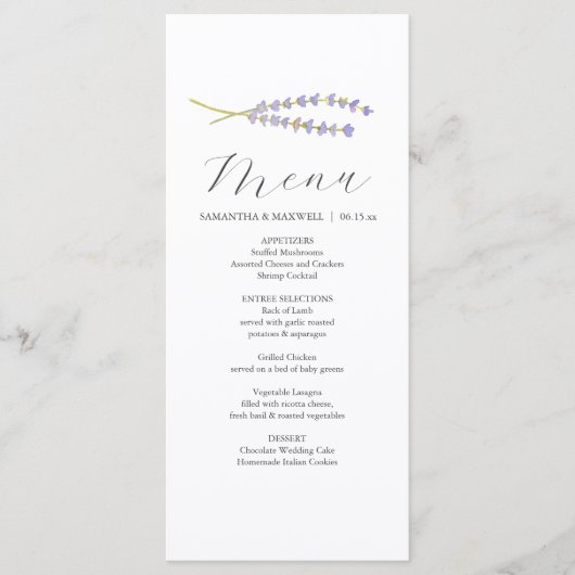 Gepersonaliseerde bruiloft Menu Kaarten Lavendel & (Voorkant)