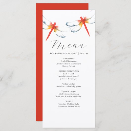 Gepersonaliseerde bruiloft menu Kaarten rode libel (Voorkant / Achterkant)