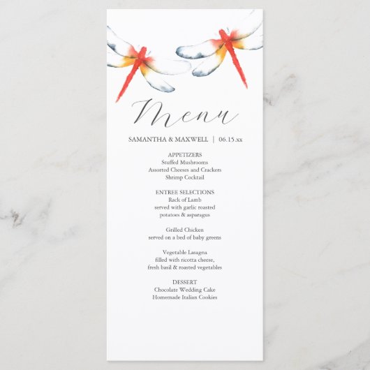 Gepersonaliseerde bruiloft menu Kaarten rode libel (Voorkant)