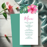 Gepersonaliseerde bruiloft Menu Kaarten Tropische<br><div class="desc">Deze gepersonaliseerde trouwmenukaarten zijn voorzien van een unieke waterverf hibiscusbloem en monstera palmblad in tinten van levendig roze en groen. De kaart keert terug naar een overeenkomende kleur. Gebruik de sjabloon velden om uw aangepaste bruiloft diner menu DIY. Een tropisch eiland chique keuze voor bruiloften, een vrijgezellenfeest, repetitie diners of...</div>