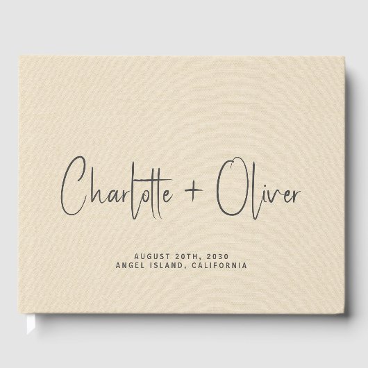 Gepersonaliseerde bruiloft monogram crème faux lin gastenboek (Voorkant)