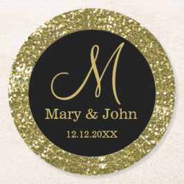 Gepersonaliseerde bruiloft Monogram Glitter Gold Ronde Kartonnen Onderzetter