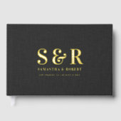 Gepersonaliseerde bruiloft monogram zwart linnen gastenboek (Voorkant)
