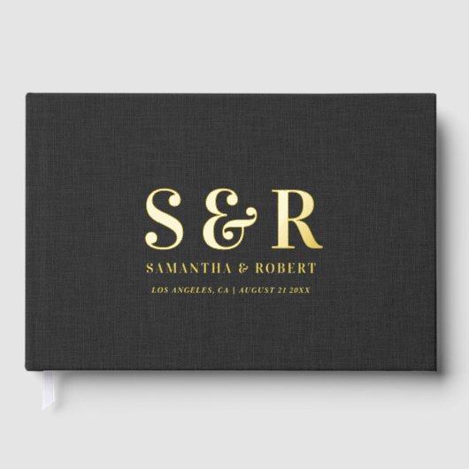 Gepersonaliseerde bruiloft monogram zwart linnen gastenboek (Voorkant)