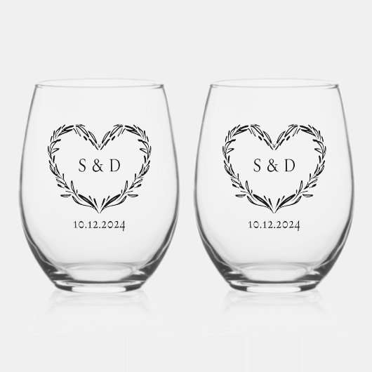 Gepersonaliseerde bruiloft paar monogram hart wijnglas zonder voet (Voorkant)