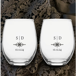 Gepersonaliseerde bruiloft paar Monogram Uniek Wijnglas Zonder Voet