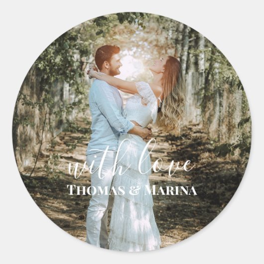 Gepersonaliseerde bruiloft portret moderne kalligr ronde sticker (Voorkant)