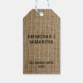 Gepersonaliseerde bruiloft rustieke burlap natuur cadeaulabel (Voorkant)