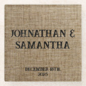Gepersonaliseerde bruiloft rustieke burlap natuur  glazen onderzetter (Voorkant)