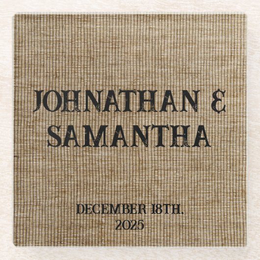 Gepersonaliseerde bruiloft rustieke burlap natuur  glazen onderzetter (Voorkant)