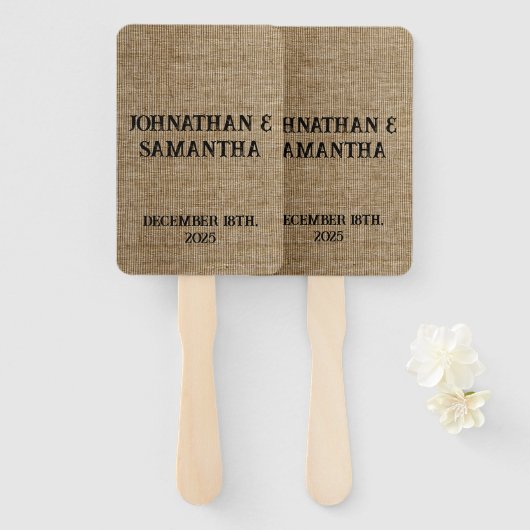 Gepersonaliseerde bruiloft rustieke burlap natuur handwaaier (Voorkant en achterkant)