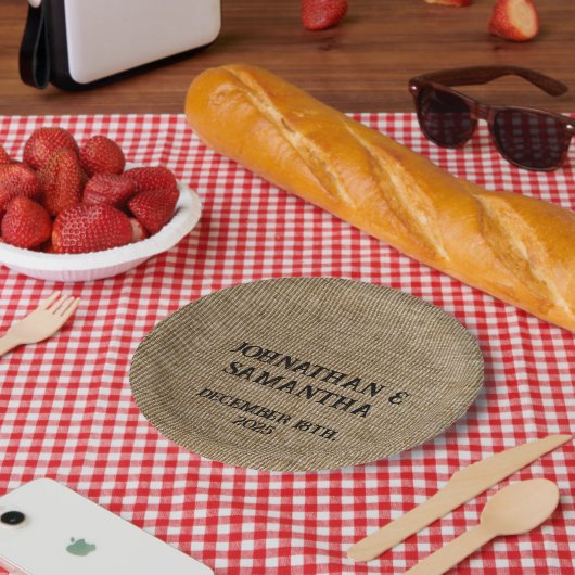 Gepersonaliseerde bruiloft rustieke burlap natuur papieren bordje (Picknick)