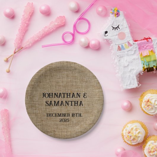 Gepersonaliseerde bruiloft rustieke burlap natuur papieren bordje (Feest)