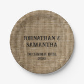 Gepersonaliseerde bruiloft rustieke burlap natuur papieren bordje (Voorkant)