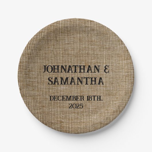 Gepersonaliseerde bruiloft rustieke burlap natuur papieren bordje (Voorkant)