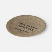 Gepersonaliseerde bruiloft rustieke burlap natuur papieren bordje (Gekanteld)