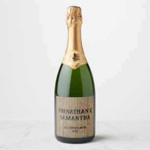 Gepersonaliseerde bruiloft rustieke burlap natuur sparkling wijnetiket