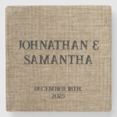 Gepersonaliseerde bruiloft rustieke burlap natuur stenen onderzetter (Voorkant)