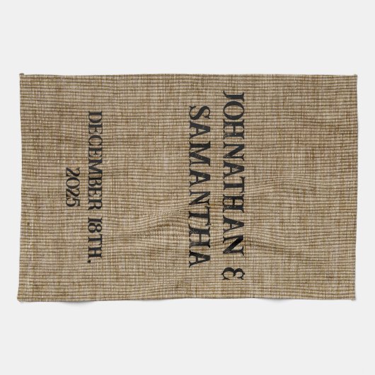 Gepersonaliseerde bruiloft rustieke burlap natuur  theedoek (Horizontaal)