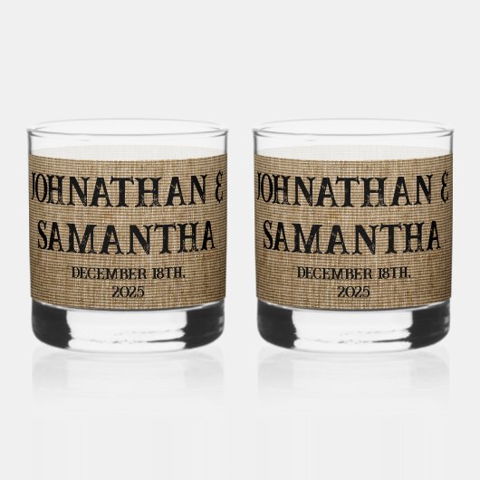 Gepersonaliseerde bruiloft rustieke burlap natuur  whisky glas (Achterkant)