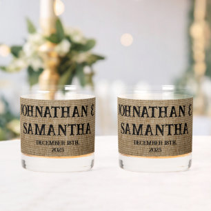 Gepersonaliseerde bruiloft rustieke burlap natuur whisky glas
