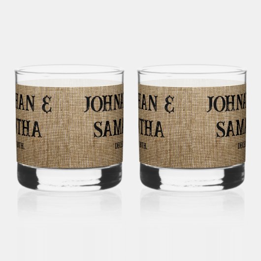 Gepersonaliseerde bruiloft rustieke burlap natuur whisky glas (Links)