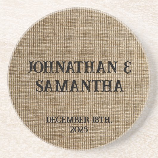 Gepersonaliseerde bruiloft rustieke burlap natuur zandsteen onderzetter (Voorkant)