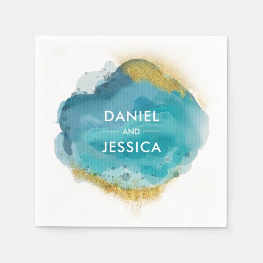 Gepersonaliseerde bruiloft servet | blauw en goud (Voorkant)