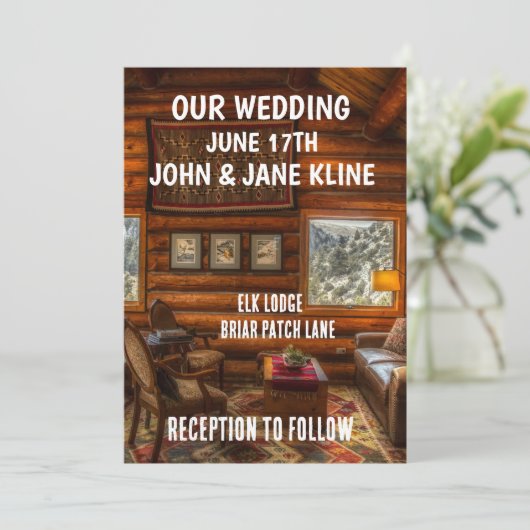GEPERSONALISEERDE BRUILOFT UITNODIGINGEN LOG CABIN (Staand voorkant)