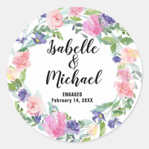 Gepersonaliseerde bruiloft Verloving roze Paarse b Ronde Sticker