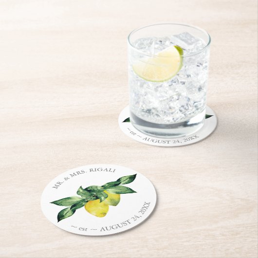 Gepersonaliseerde bruiloft Waterverf Lemon Ronde Kartonnen Onderzetter (Insitu)