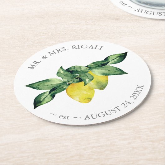 Gepersonaliseerde bruiloft Waterverf Lemon Ronde Kartonnen Onderzetter (Gebogen)