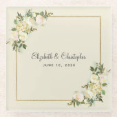 Gepersonaliseerde bruiloft | Witte roos bloemeneie Glazen Onderzetter (Voorkant)