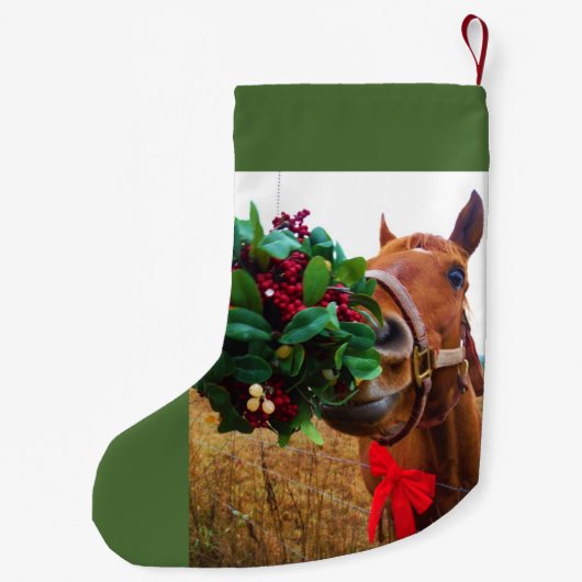 Gepersonaliseerde Bruin paard rode boog & Mistleto Kleine Kerstsok (Achterkant)