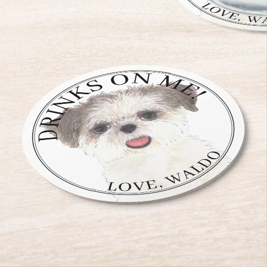 Gepersonaliseerde Bruin & Wit Shih Tzu Hond Huweli Ronde Kartonnen Onderzetter (Gebogen)