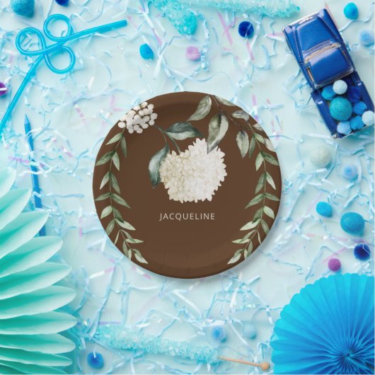 Gepersonaliseerde Bruin Witte Hydrangeas Vrijgezel Papieren Bordje (Feest)