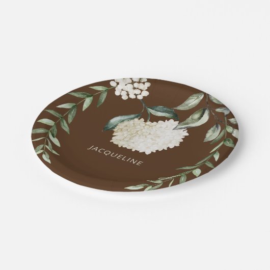 Gepersonaliseerde Bruin Witte Hydrangeas Vrijgezel Papieren Bordje (Gekanteld)