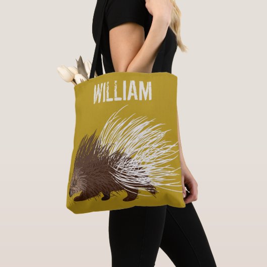 Gepersonaliseerde bruine en mosterd Porcupine Tote Bag (Dichtbij)