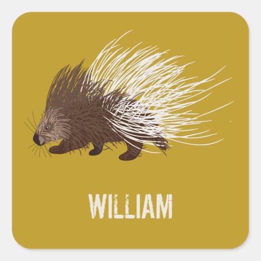 Gepersonaliseerde bruine en mosterd Porcupine Vierkante Sticker (Voorkant)