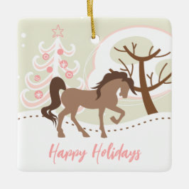 Gepersonaliseerde bruine paardenroze snowy kerst keramisch ornament