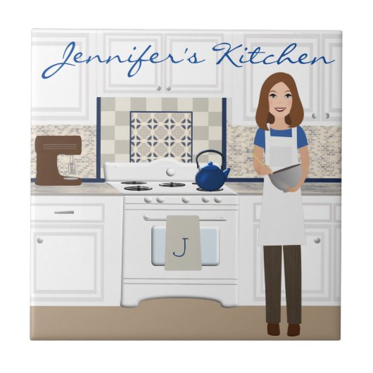 Gepersonaliseerde Brunette Kitchen Cook Tile Tegeltje (Voorkant)
