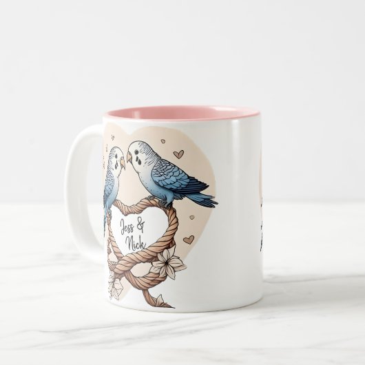 Gepersonaliseerde Budgie Paar Hart Rope Mok (Voorkant links)