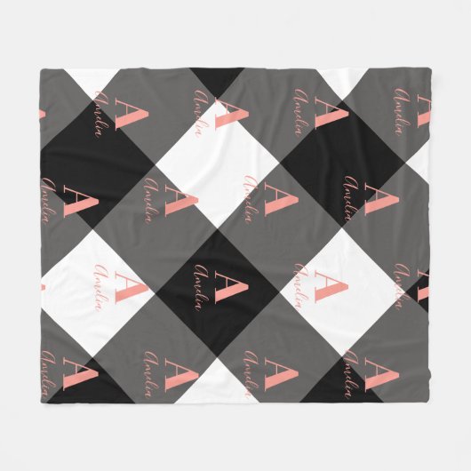 Gepersonaliseerde Buffalo Check Zwart Wit Roze Fleece Deken (Voorkant (Horizontaal))