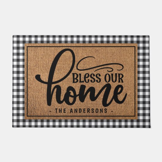 Gepersonaliseerde Buffalo Plaid Bless Ons Huis Deurmat (Voorkant)