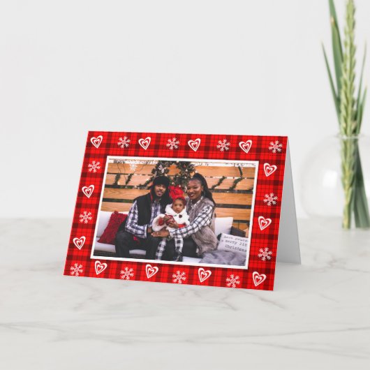 Gepersonaliseerde Buffalo Plaid Snowflake Familief Feestdagen Kaart (Voorkant)