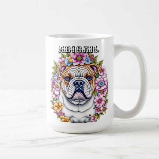 Gepersonaliseerde buldog en grillige bloemen koffiemok (Rechts)