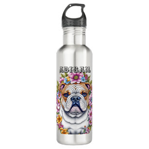 Gepersonaliseerde buldog en grillige bloemen waterfles